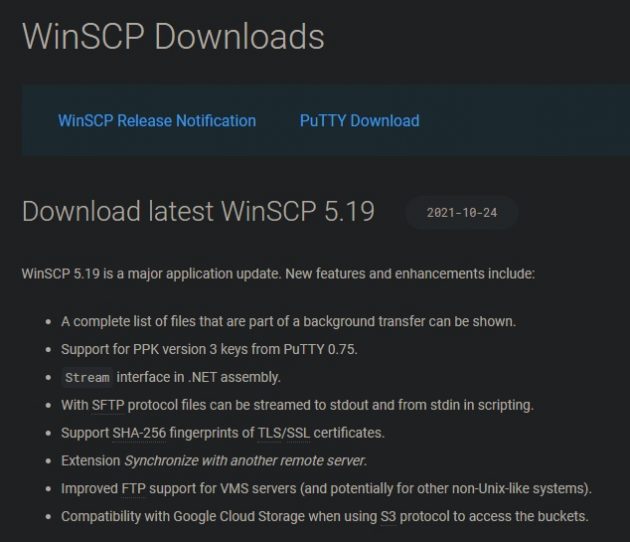 lista de versões do winscp